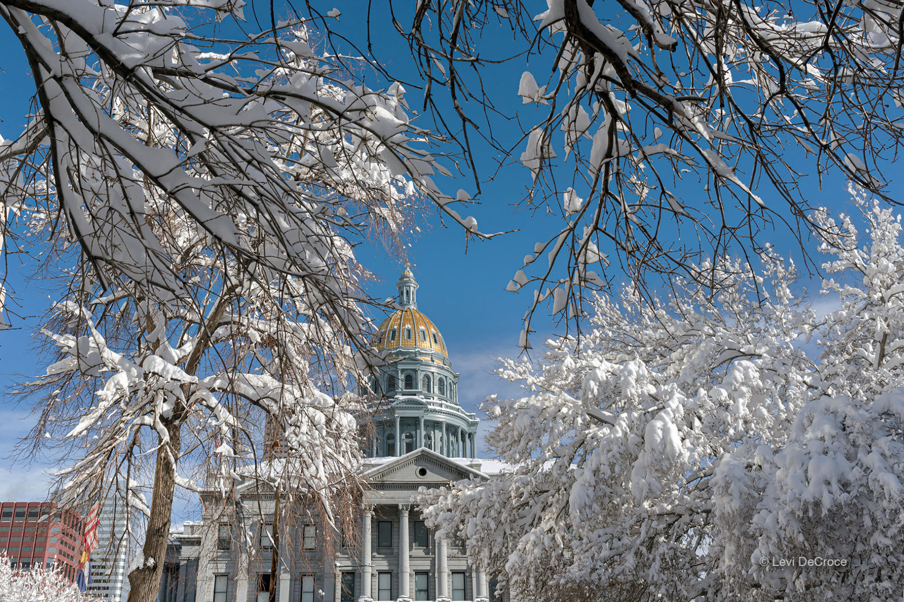 Denver photographers depict Colorado state capitol after March snow.