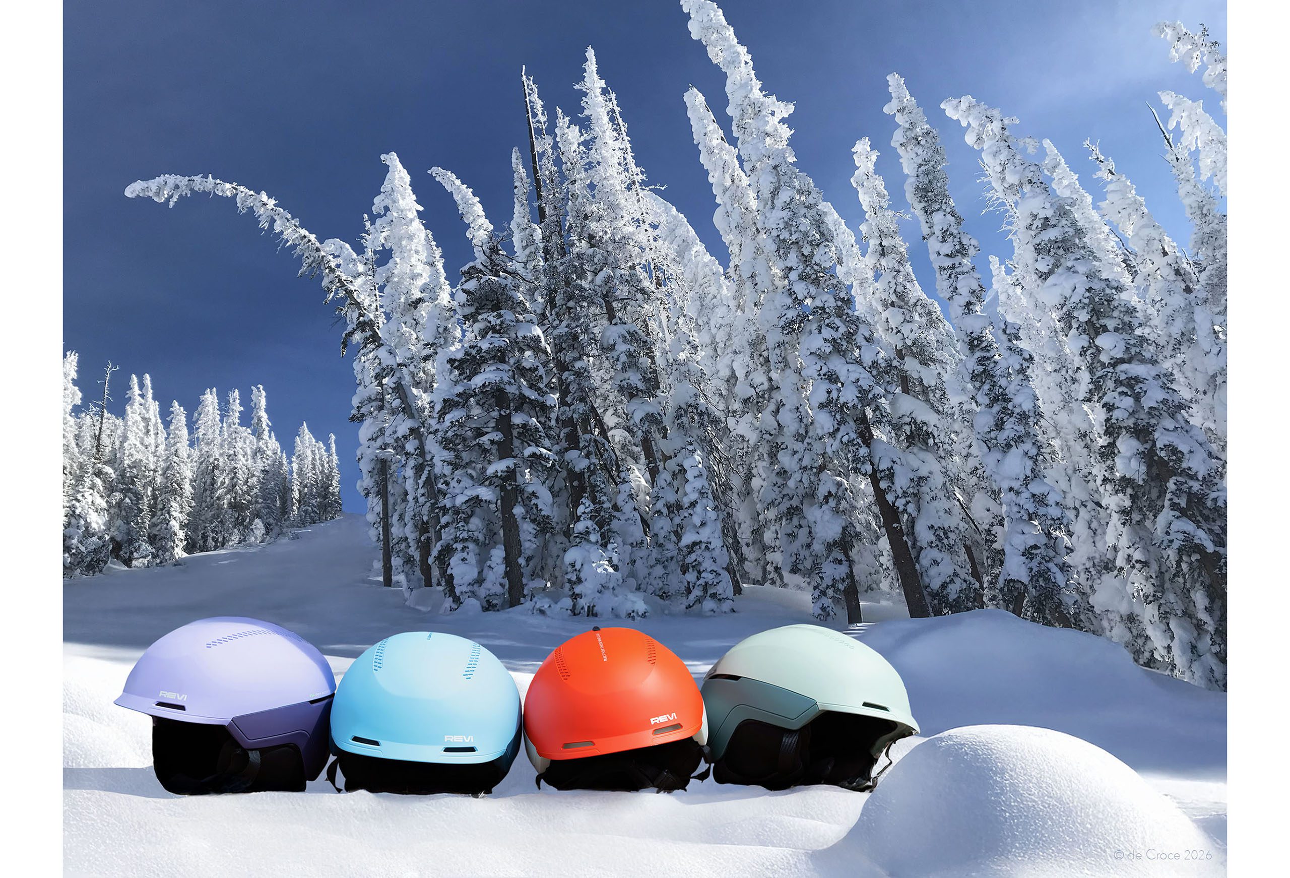 Product photography on location show ReviGear ski helmets on slopes of Crested Butte ski area Colorado