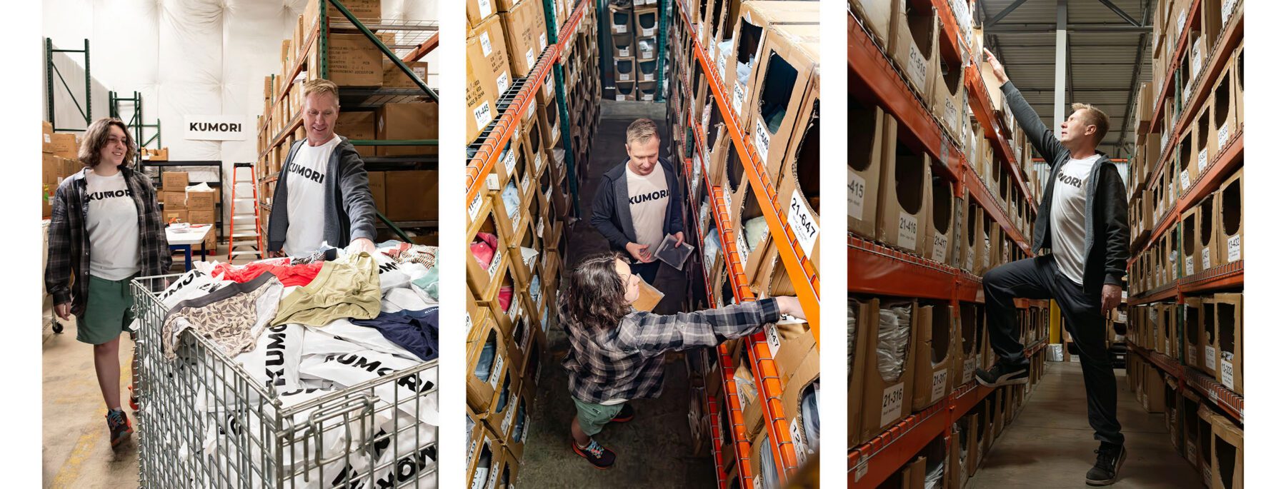 Editorial photography depicting warehouse orders for Kumori mens underwear in denver.
