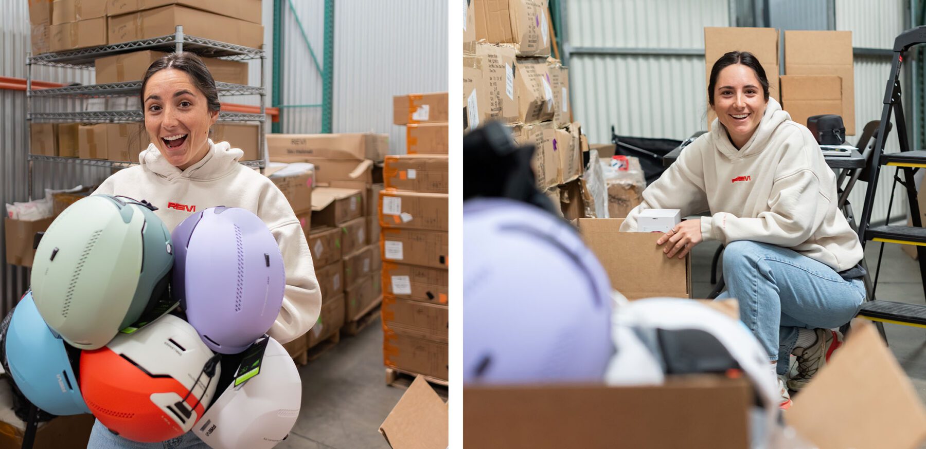 Colorado ski advertising photography focuses on Revigear founder Lizzie as she sorts through helmet inventory in her warehouse space.